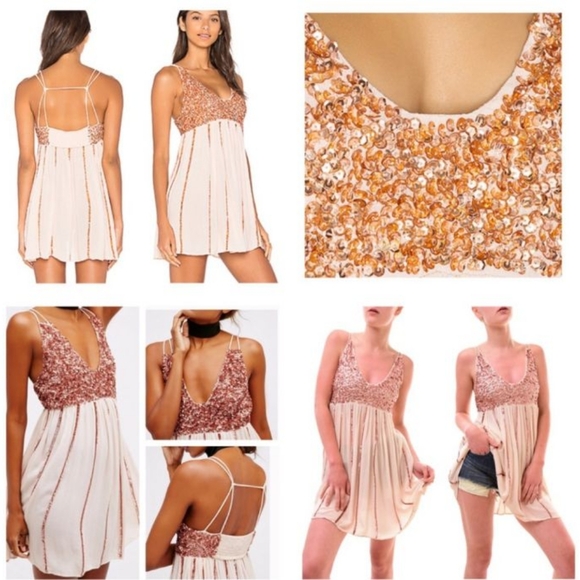 Free People Glitter Girl Sequin Rose Gold Embellished Mini Dress Medium - Picture 8 of 16